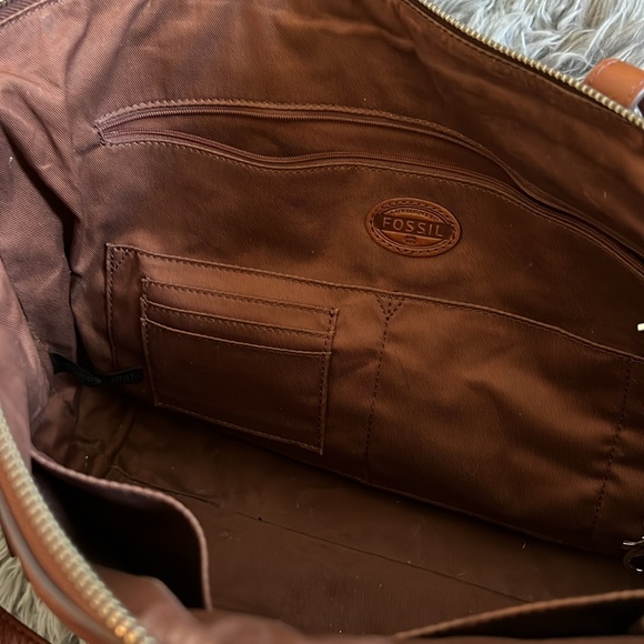FOSSIL Real Leather Brown Zipper Sydney Tote Bag Purse - Picture 7 of 8
